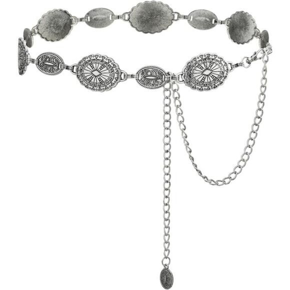 Western Concho Chain Belt Women Silver Cowgirl Belt Country Concert Outfit - Picture 1 of 7
